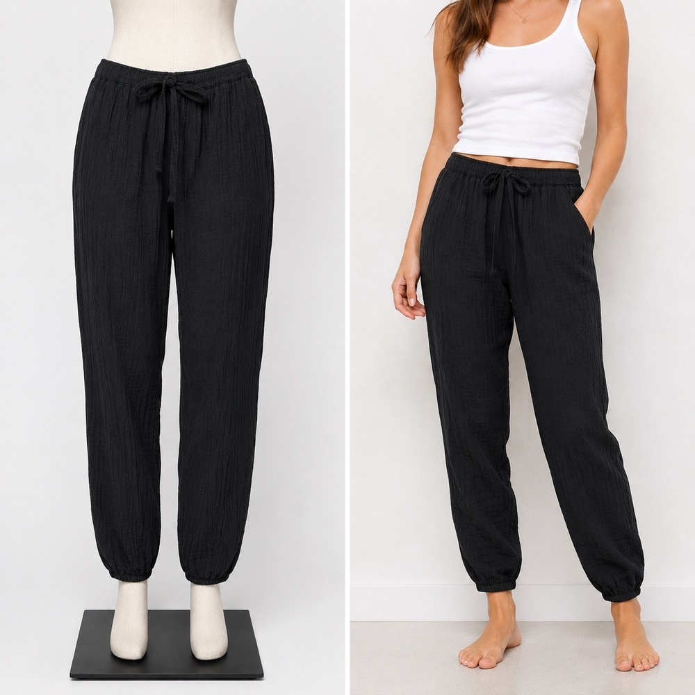 Xirena Jogger Pants Women XS Black Cotton Gauze Drawstring Elastic Waist Boho